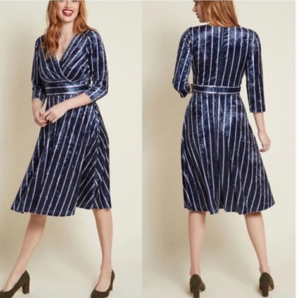 ModCloth Blue Velvet Striped Midi Dress